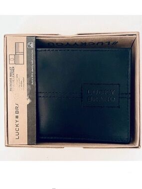 NWT Gorgeous lucky brand Men black bifold genuine leather RFID Wallet w/Gift Box